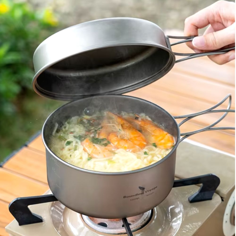 Boundless Voyage Titanium Cooking Set 1200ml Pot and 500ml Pan prawns