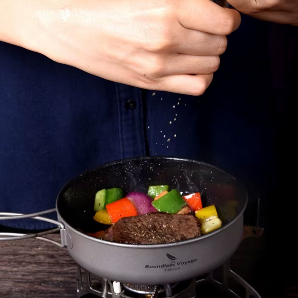 Boundless Voyage Titanium Non-Stick Frying Pan cooking steak
