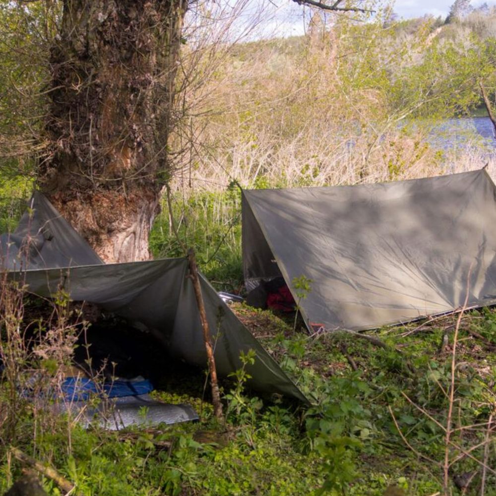 Bushmen 2×3m Thermo Tarp (Olive) pitched under trees