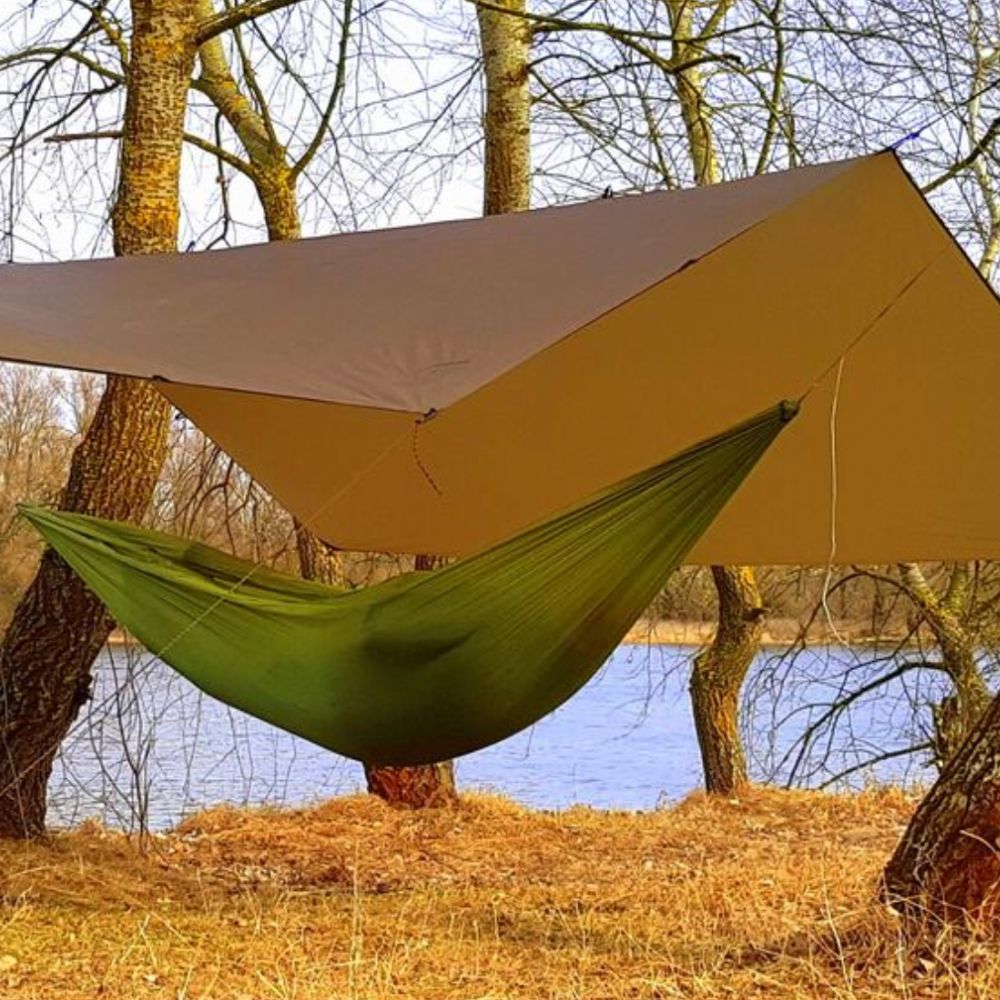 Bushmen 3×3m Ultralight Tarp (Dark Olive) with hammock underneath