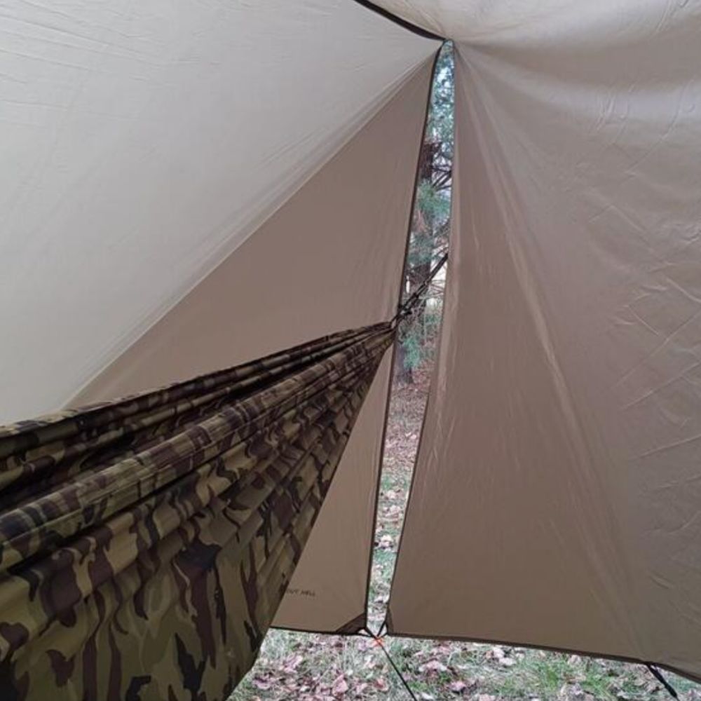 Bushmen 4×3m Ultralight Tarp (Dark Olive) with hammock inside
