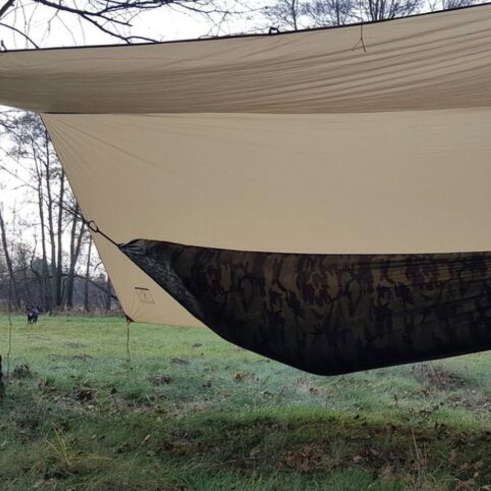 Bushmen 4×3m Ultralight Tarp (Dark Olive) in field