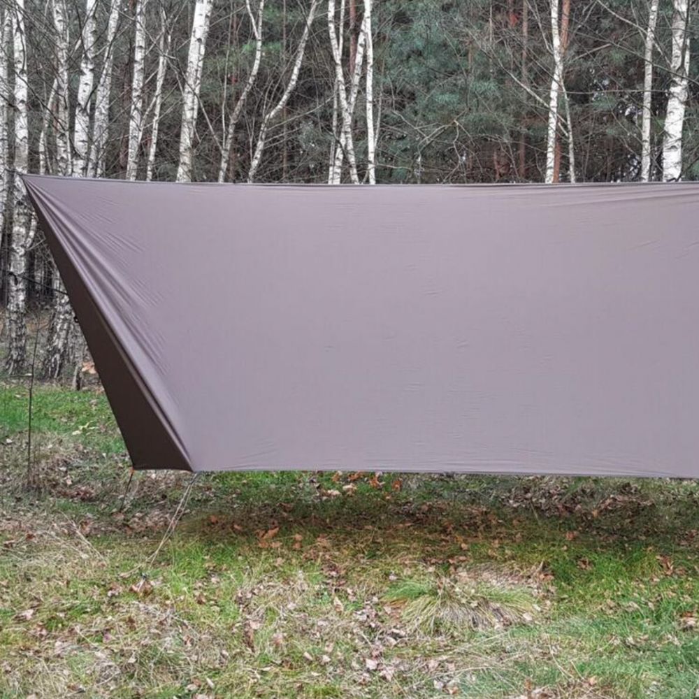 Bushmen 4×3m Ultralight Tarp (Dark Olive) pitched in field