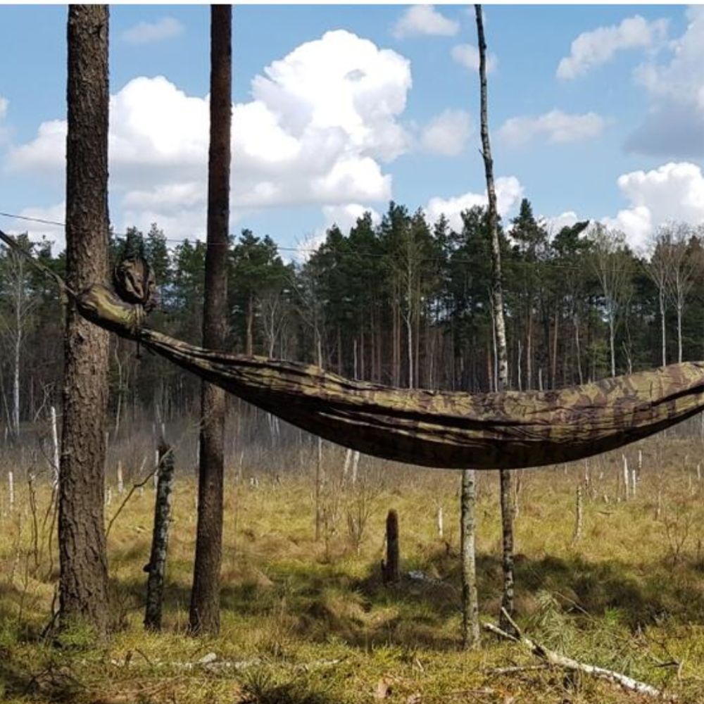 Bushmen Bushbed PRO Hammock (Camo) hanging from trees