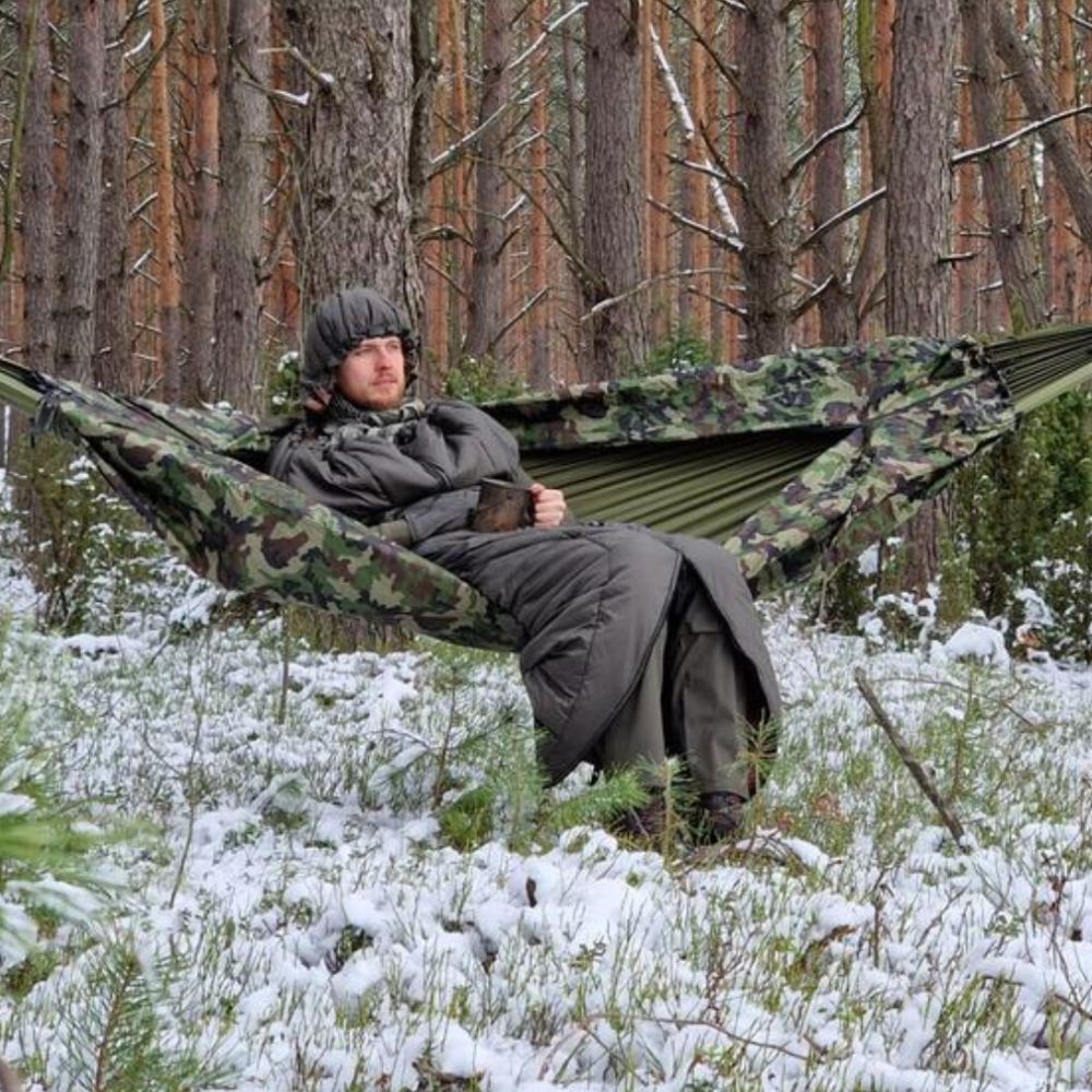 Bushmen Walker 1XL Sleeping Bag (Olive) sat in hammock