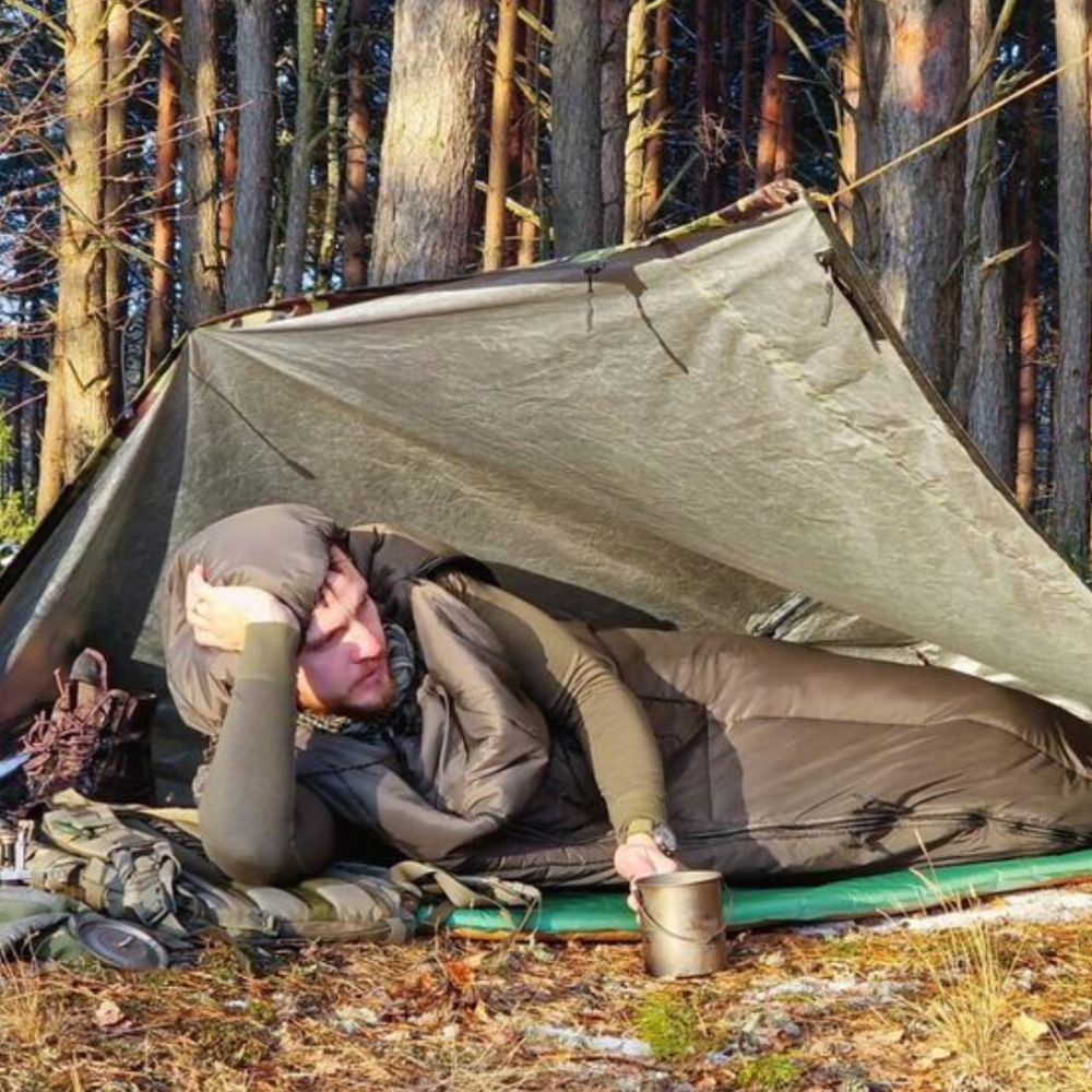 Bushmen Walker 1XL Sleeping Bag (Olive) under tarp