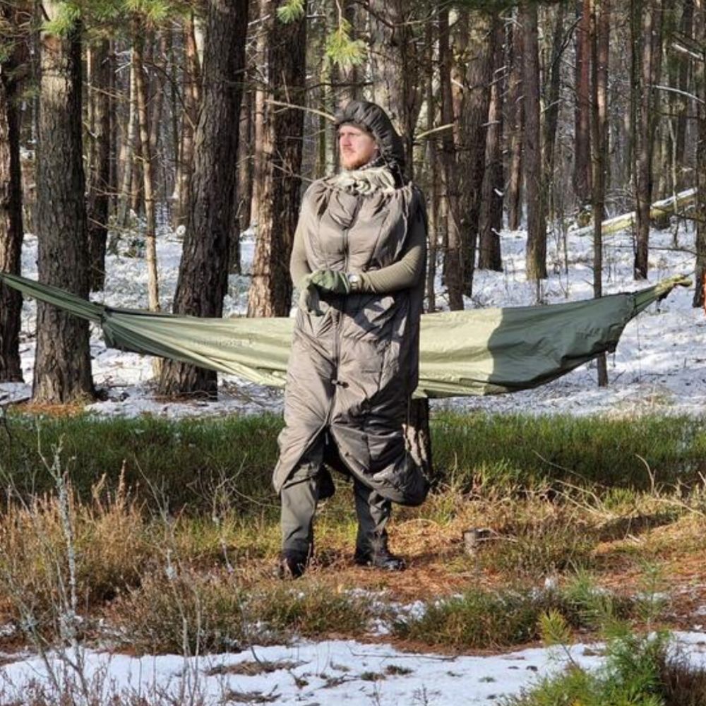 Bushmen Walker 1XL Sleeping Bag (Olive) stood up in forest