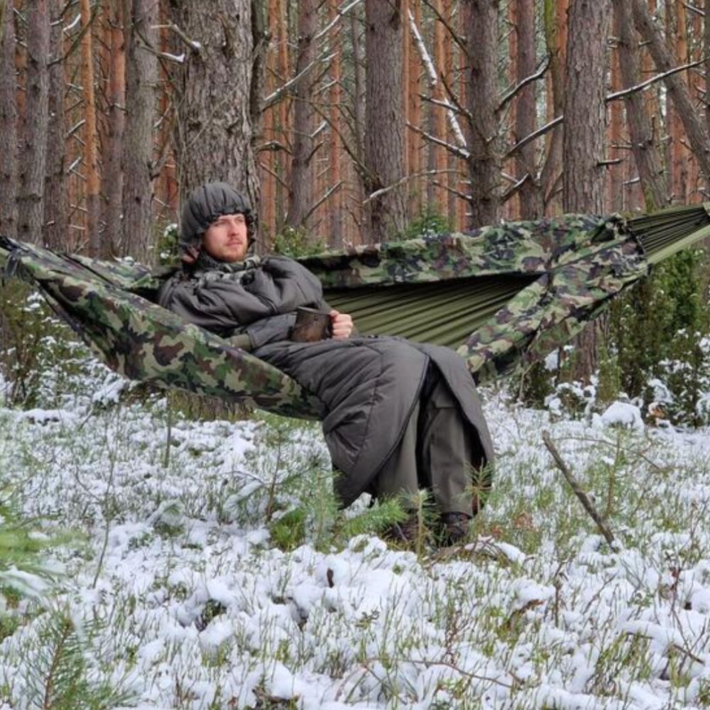 Bushmen Walker 3L Sleeping Bag (Olive) sat in hammock