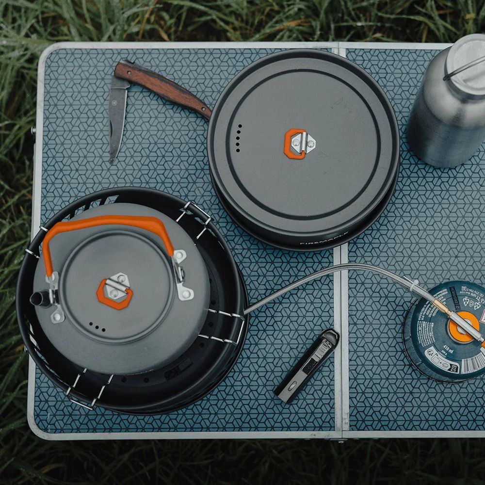 Firemaple Cooking Kit with Gas Burner from top on camping table