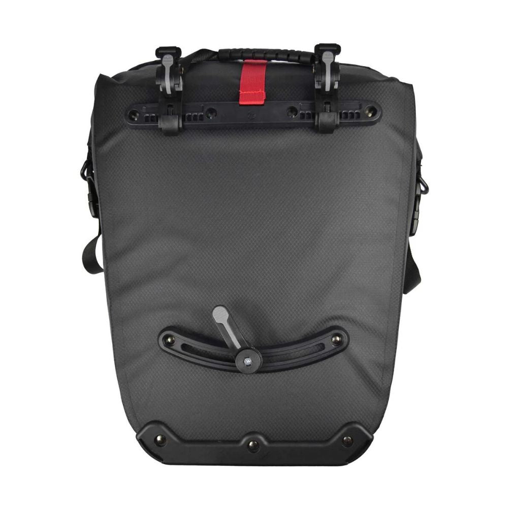 Black pannier with red strap on a white background