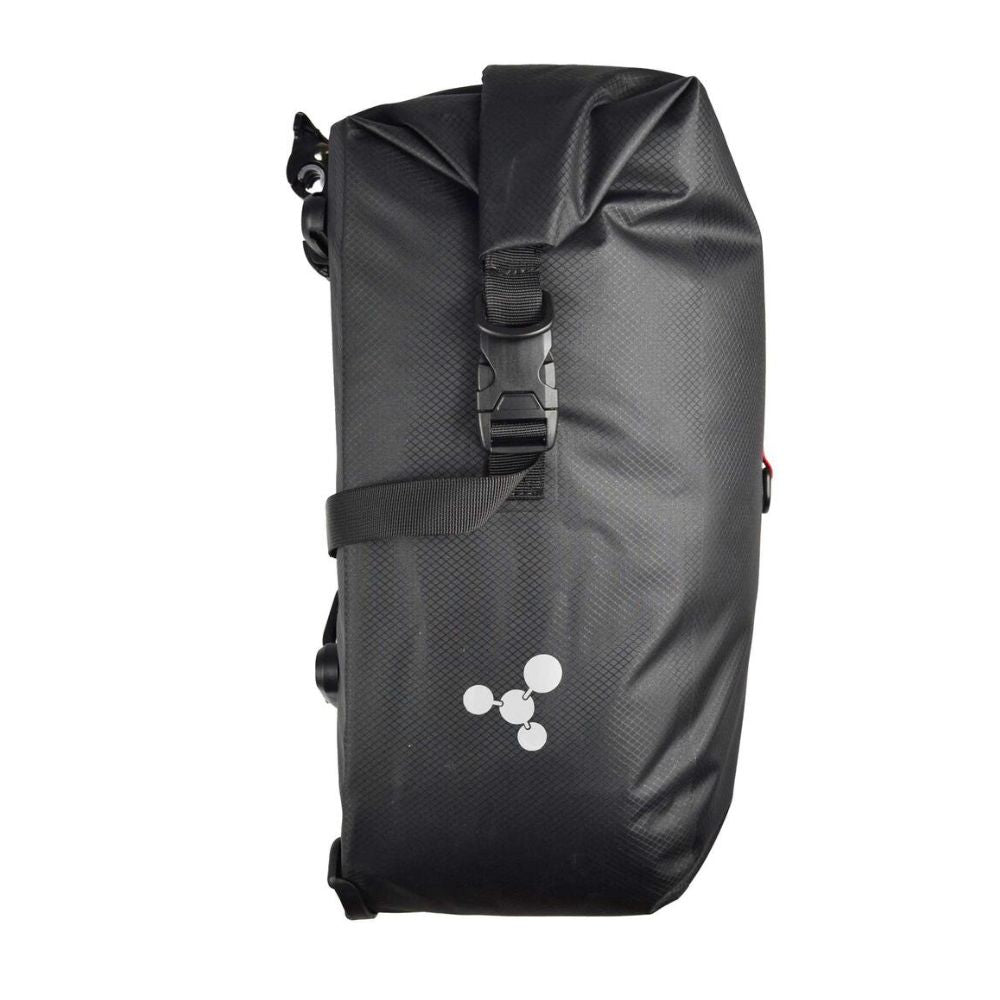 Black pannier bag with a logo on a white background
