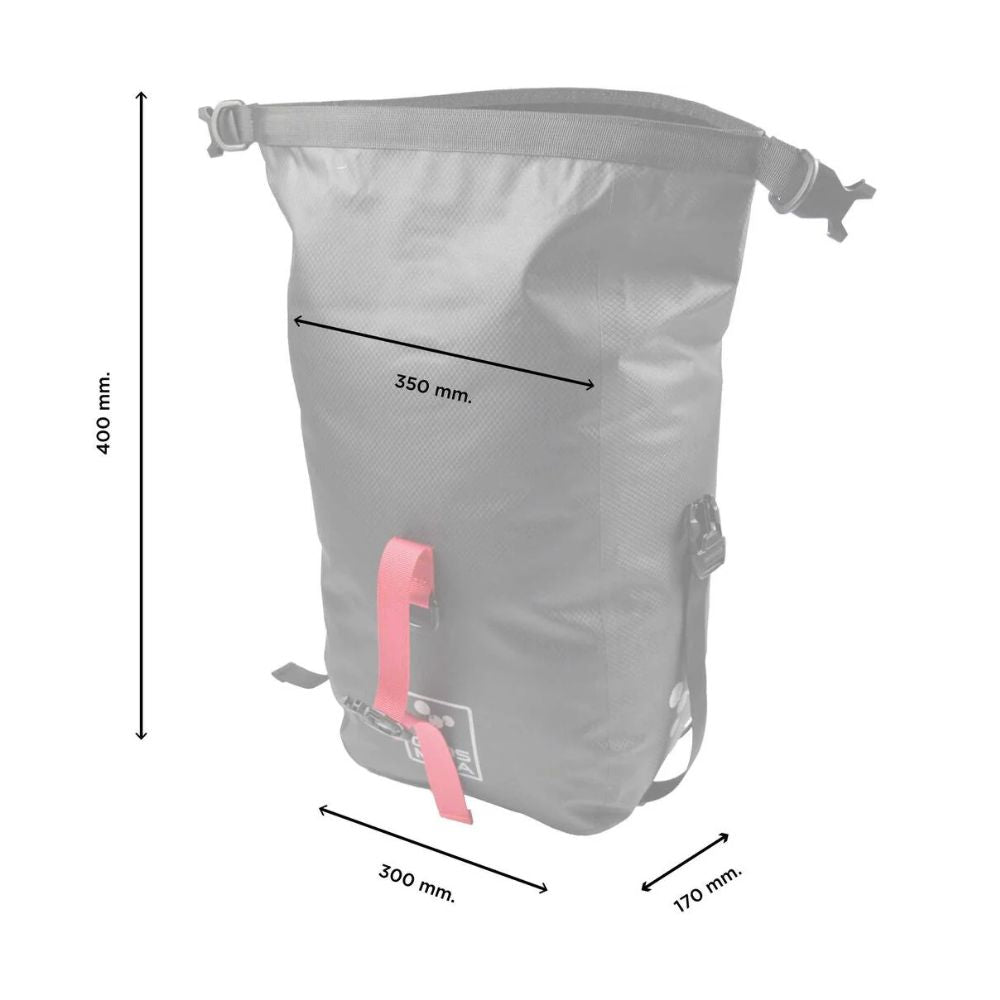 Gray pannier bag with measurements on a white background