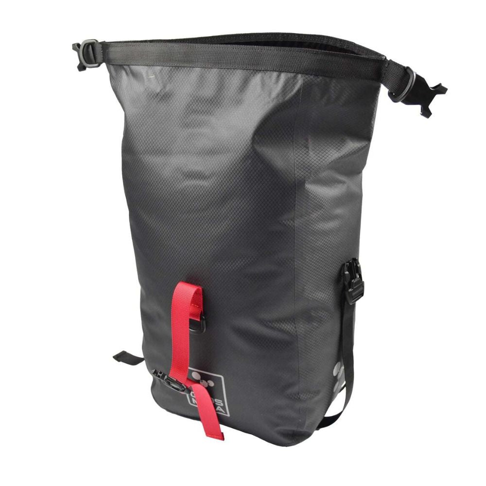 Gray pannier with a red strap on a white background