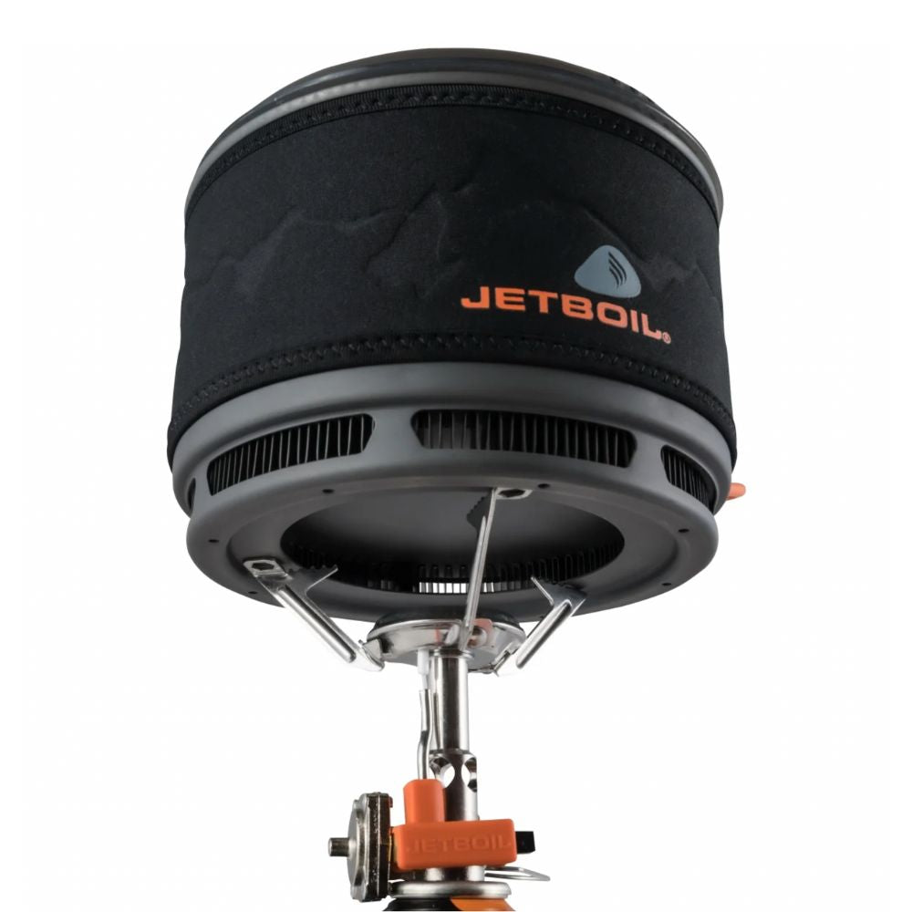 Black Jetboil cooking system on a white background