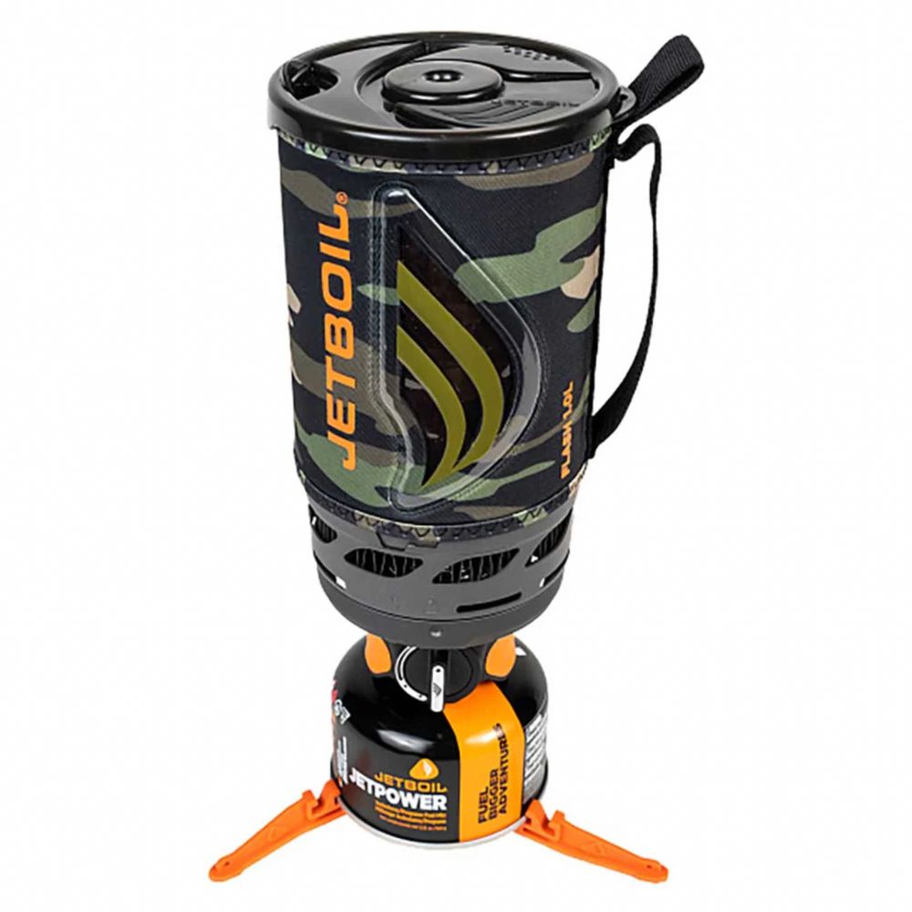 Camouflage Jetboil stove system on a white background