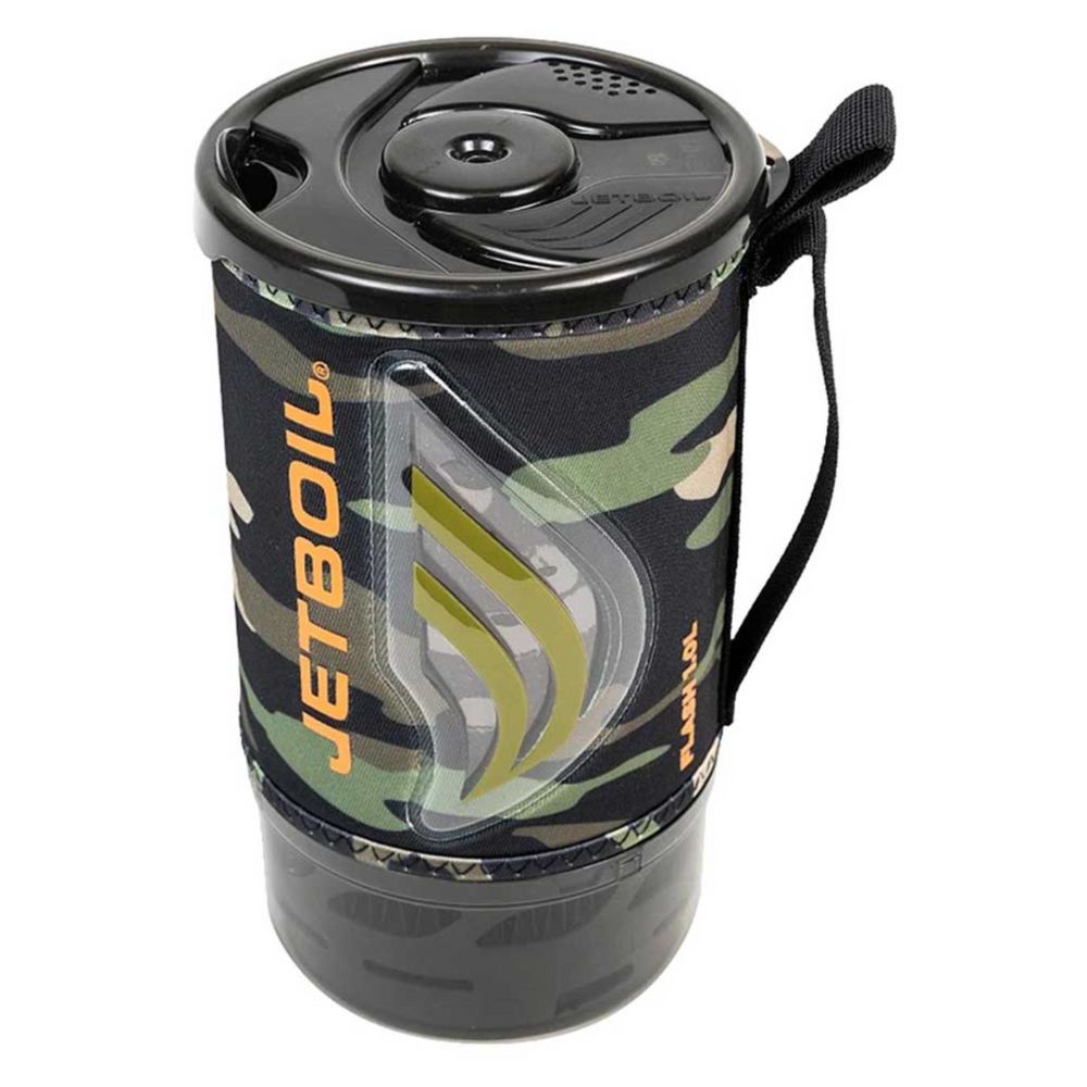 Camouflage Jetboil cooking system on a white background
