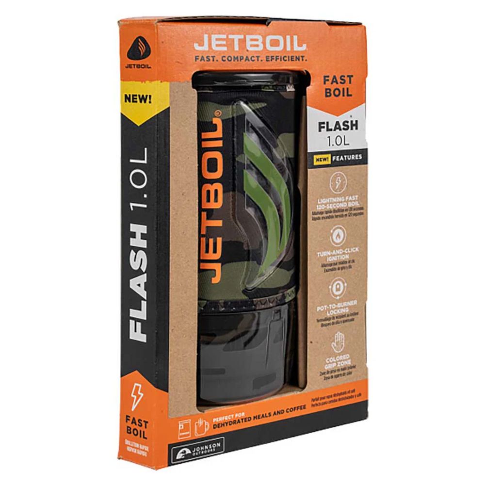 Jetboil Flash 1.0L camping stove packaging on a white background