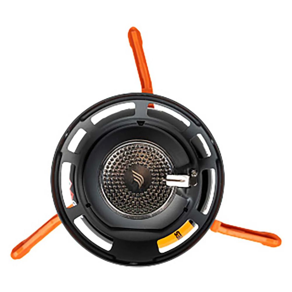 Portable camping stove with orange legs on a white background