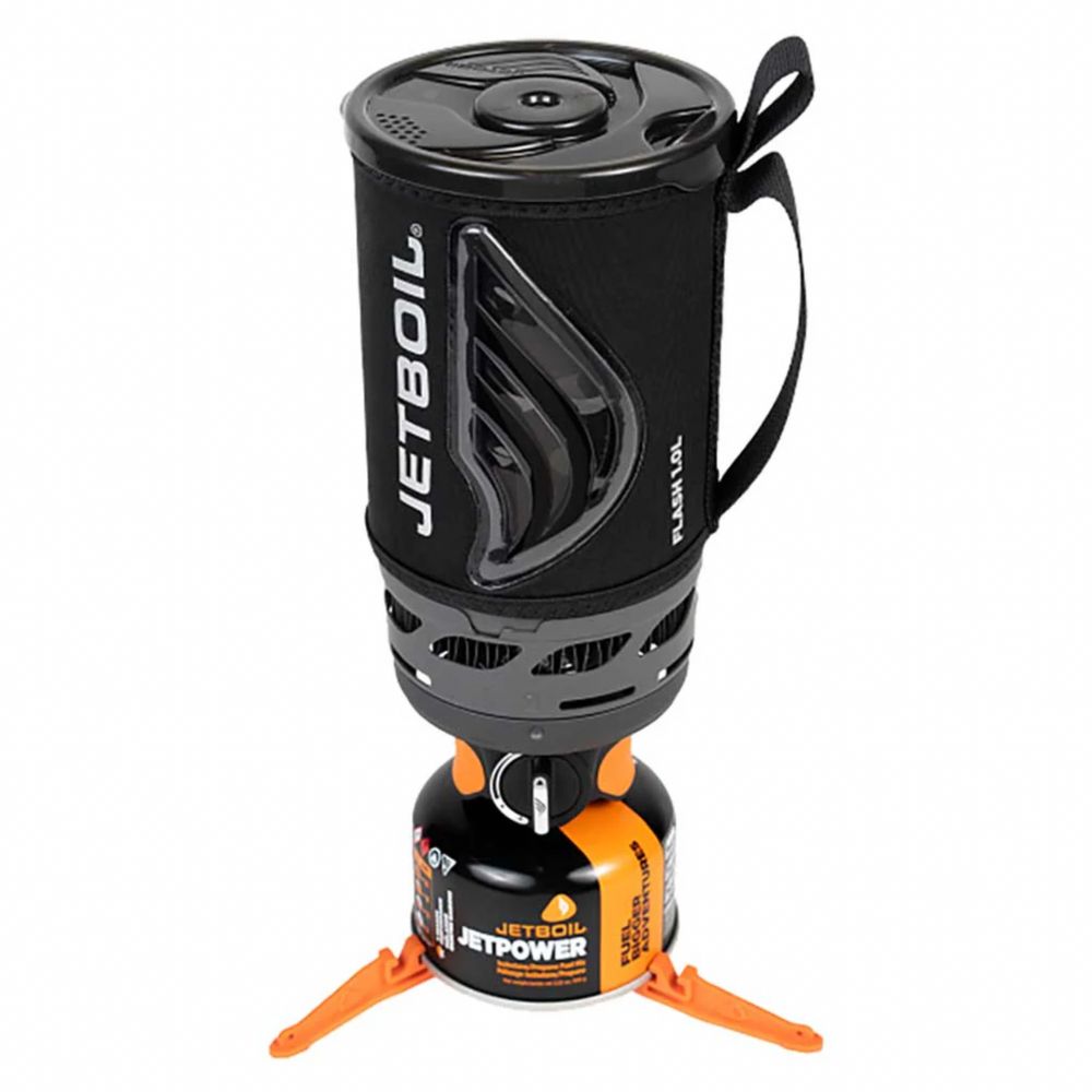 Black Jetboil stove with orange legs on a white background