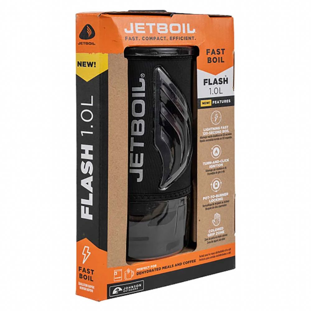 Jetboil Flash camping stove packaging on a white background