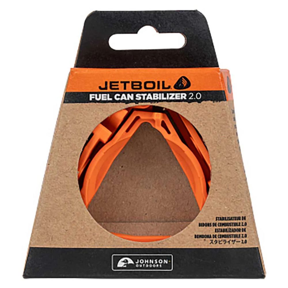 Jetboil Fuel Can Stabilizer 2.0 packaging with orange stabilizer visible through cardboard window