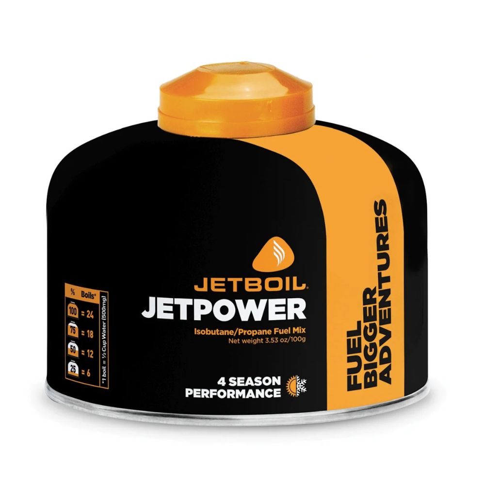 Jetboil Jetpower fuel canister with black and orange design on a white background