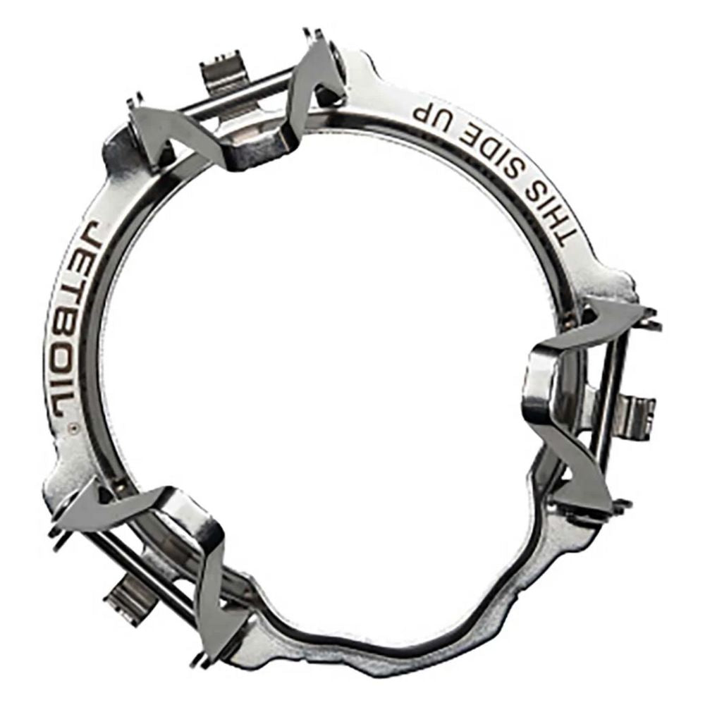 Metallic camping stove frame with 'JETBOIL' branding on a white background