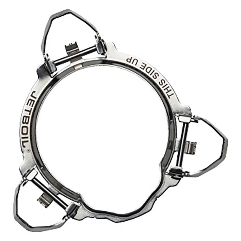 Metal Jetboil pot support with branding on a white background