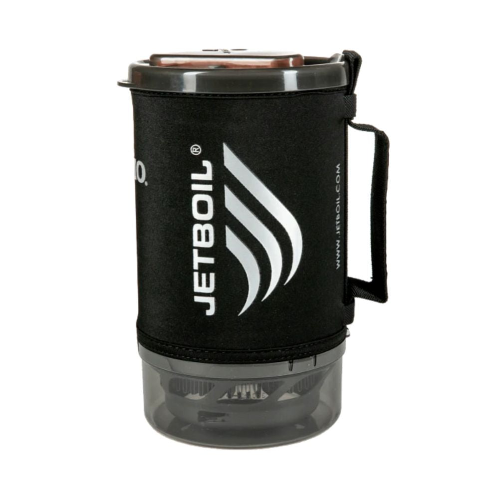 Jetboil cooking system with black carrying case on a white background