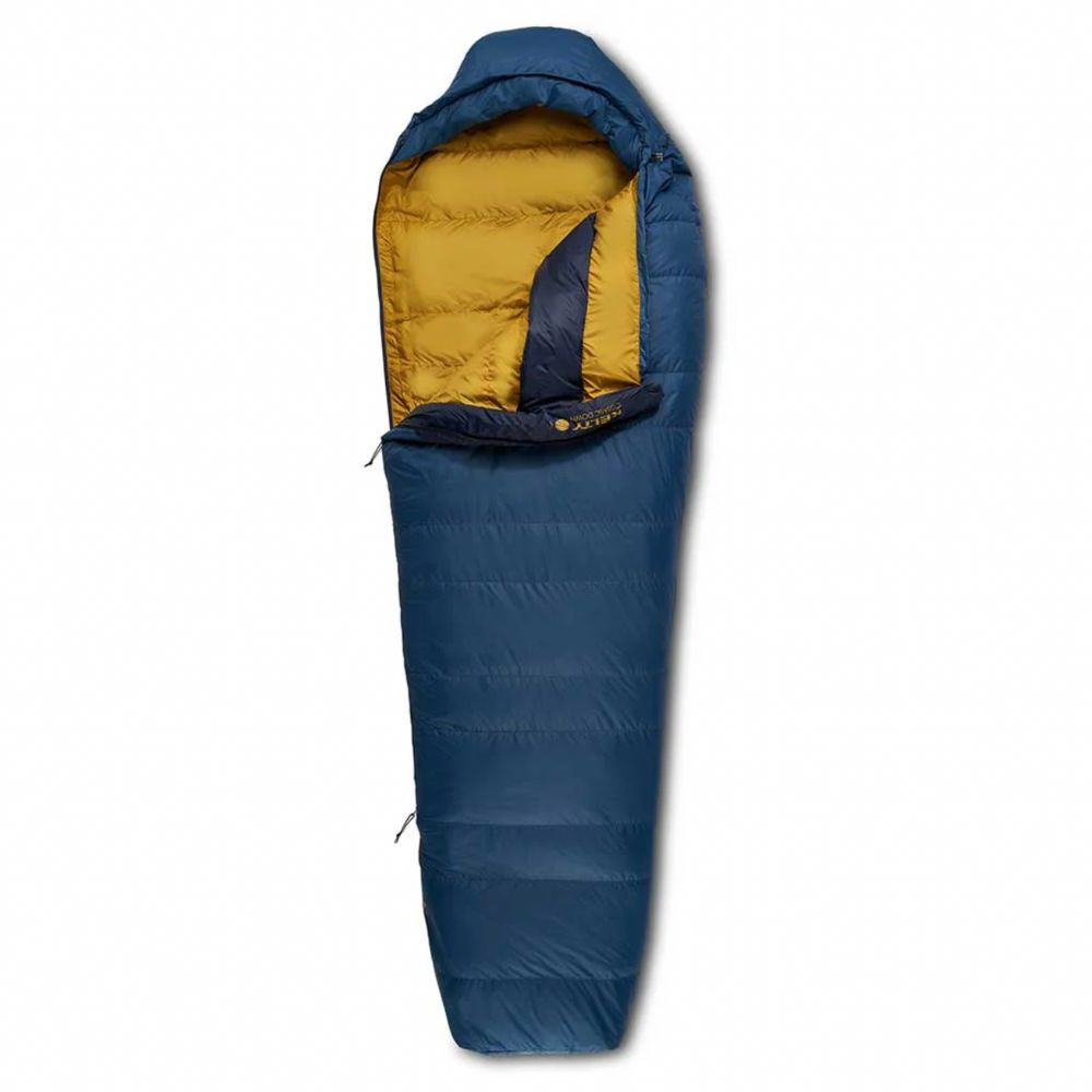 Blue and yellow sleeping bag on a white background