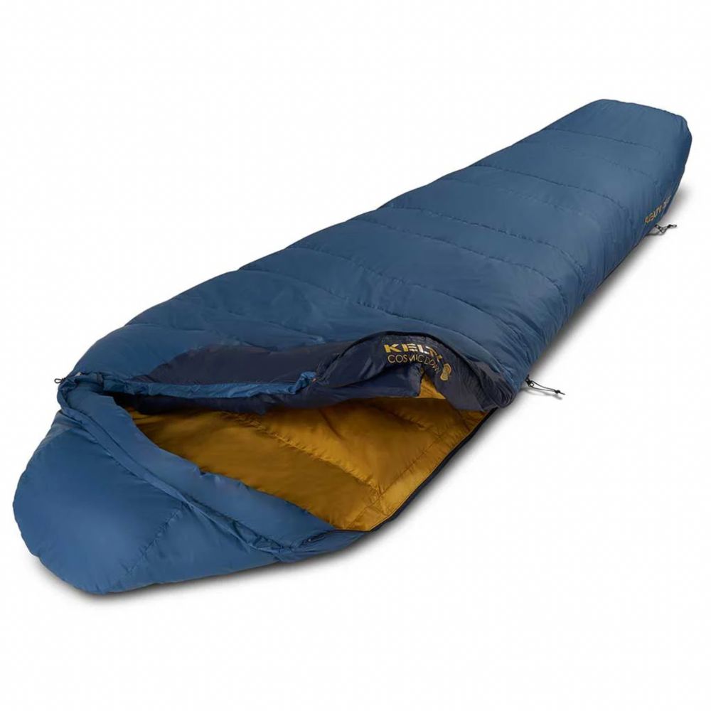 Blue sleeping bag with gold interior on a white background