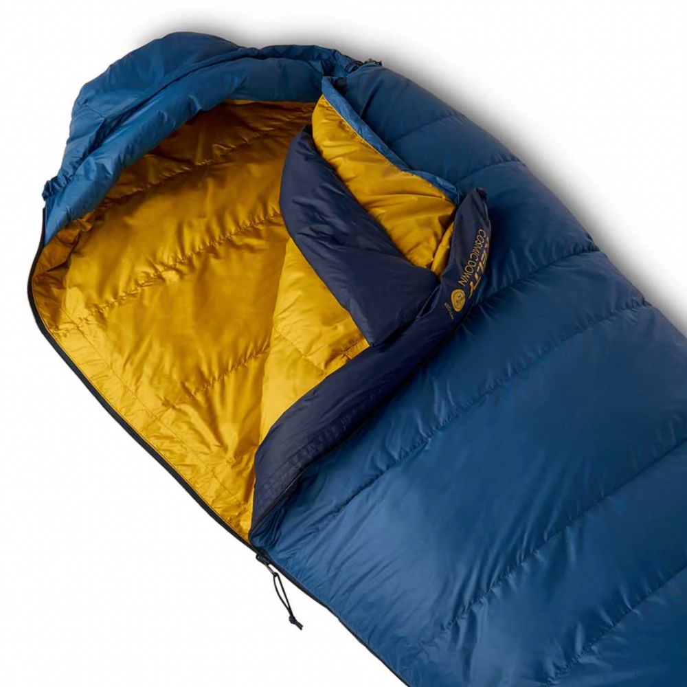 Blue and yellow sleeping bag on a white background