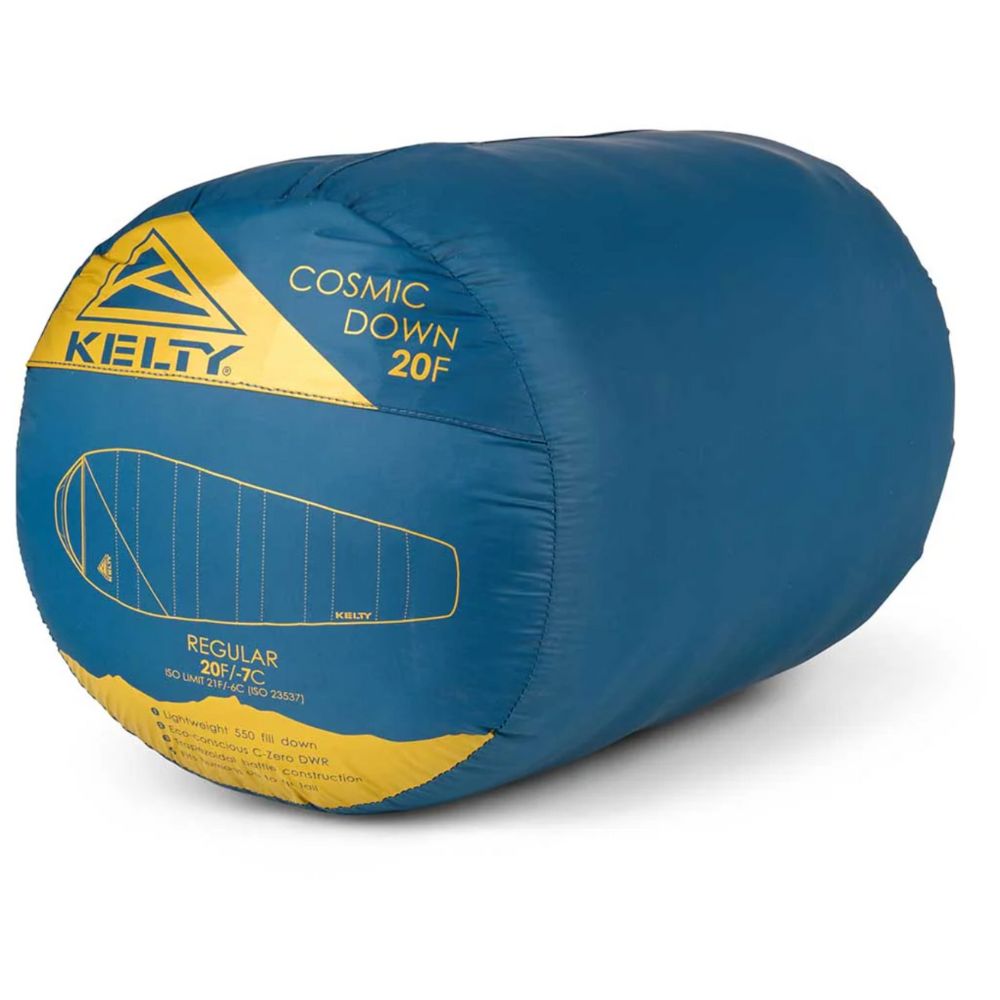 Blue and yellow Kelty sleeping bag on a white background