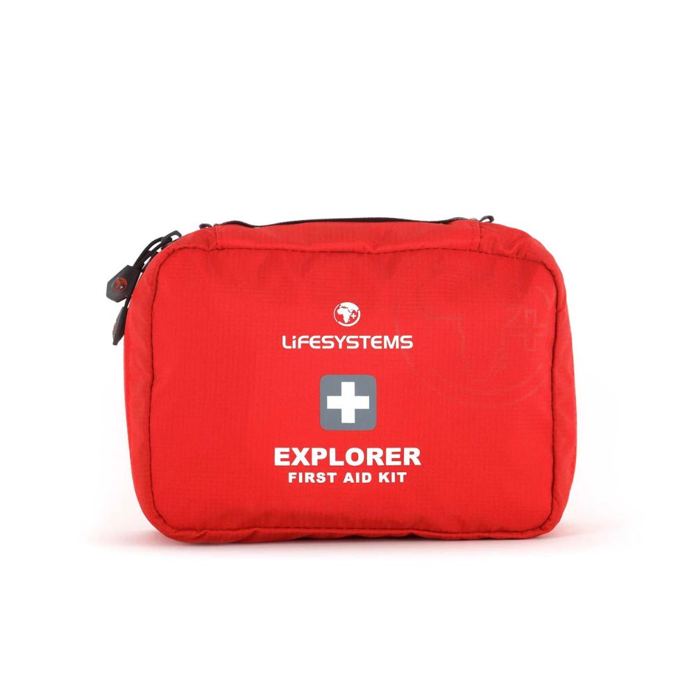 Red first aid kit with 'Lifesystems' branding on a white background