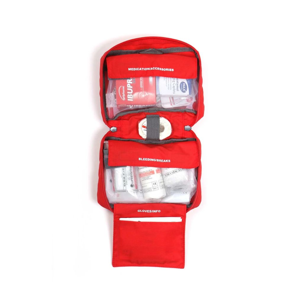 Lifesystems Explorer First Aid Kit with medical supplies on a white background