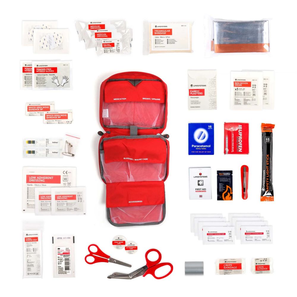 Lifesystems Mountain First Aid Kit with various components on a white background