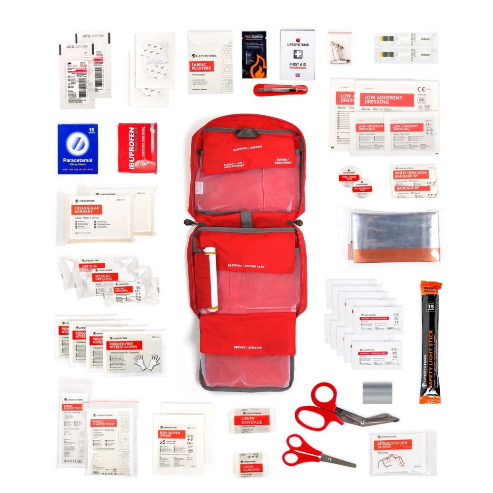 Lifesystems Mountain Leader First Aid Kit with various components on a white background