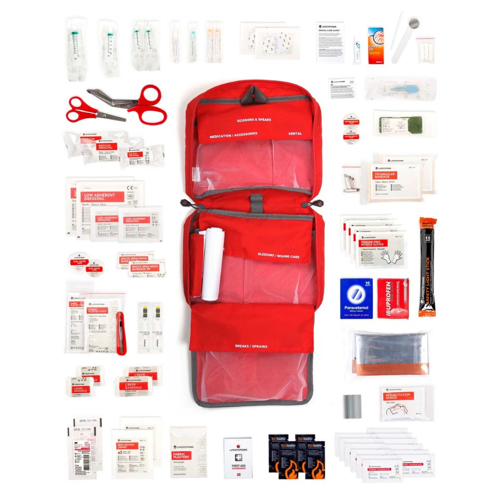 Lifesystems Mountain Leader Pro First Aid Kit with various supplies on a white background