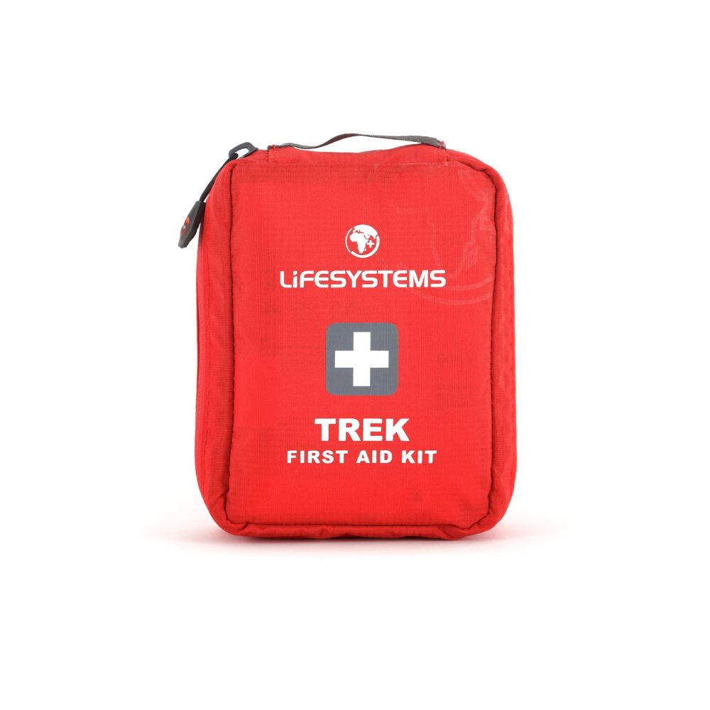 Red first aid kit with 'Lifesystems' branding on a white background