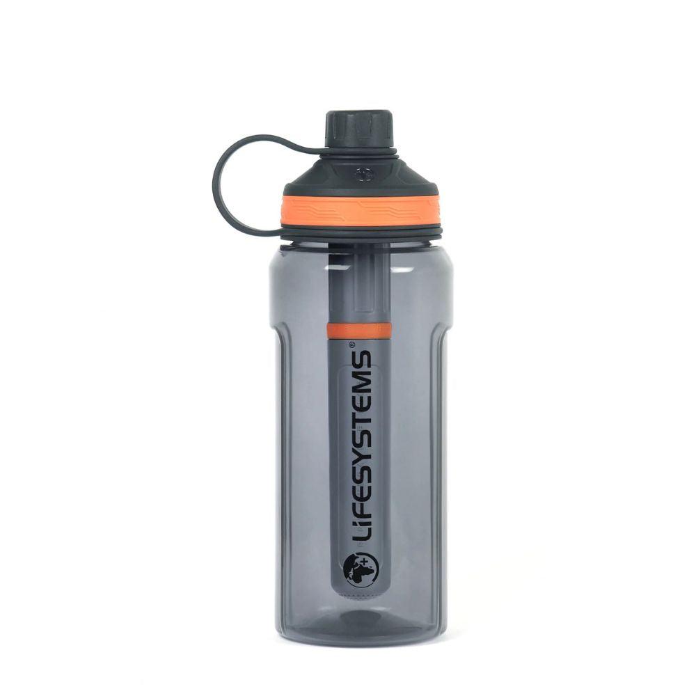 Gray water bottle with black cap and orange band, featuring 'Lifesystems' branding on a white background.