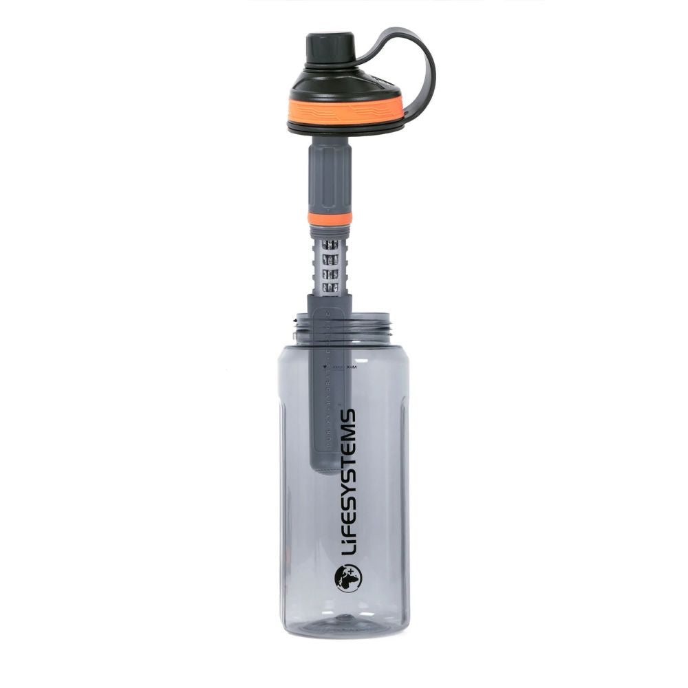 Clear water bottle with black cap and orange band, featuring 'Lifesystems' branding on a white background.