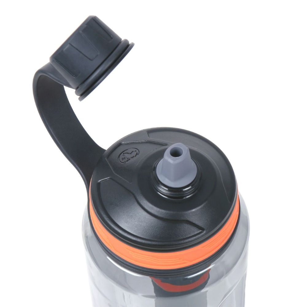 Close-up of a water bottle with a black and orange lid on a white background