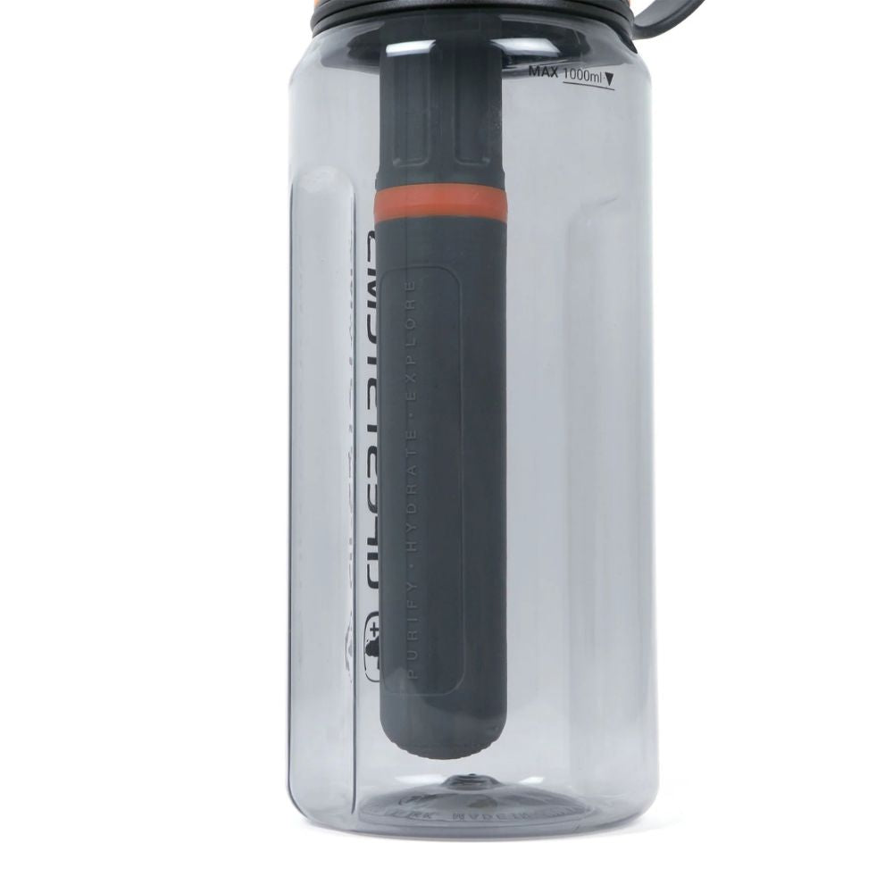 Clear water bottle with black lid and handle on a white background