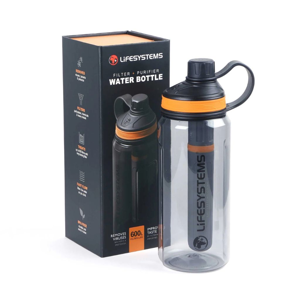 Lifesystems water bottle with black and orange accents next to its packaging on a white background