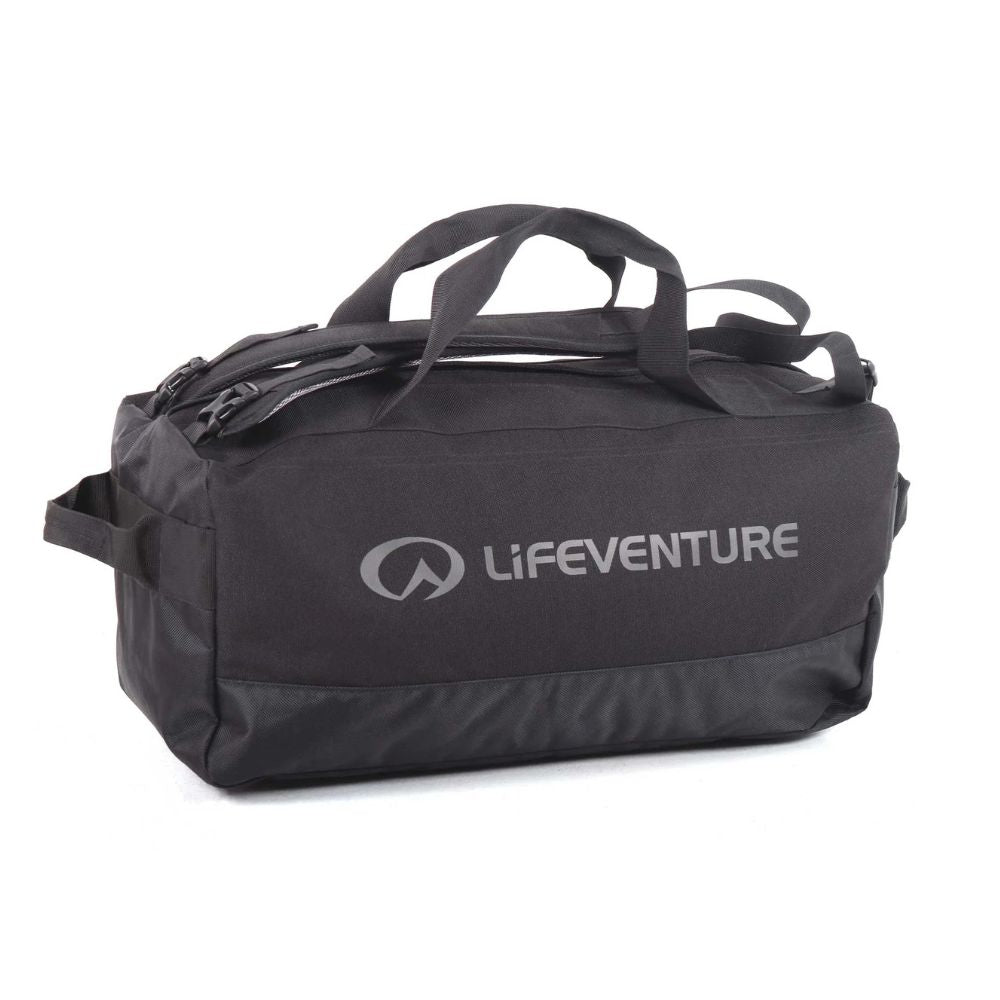 Black duffel bag with Lifeventure logo on a white background