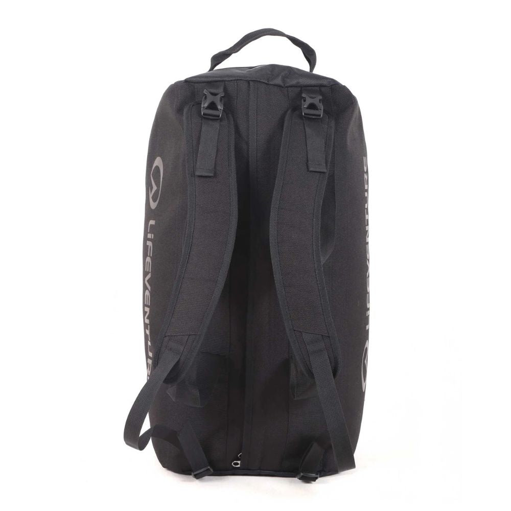 Black backpack with visible branding on a white background