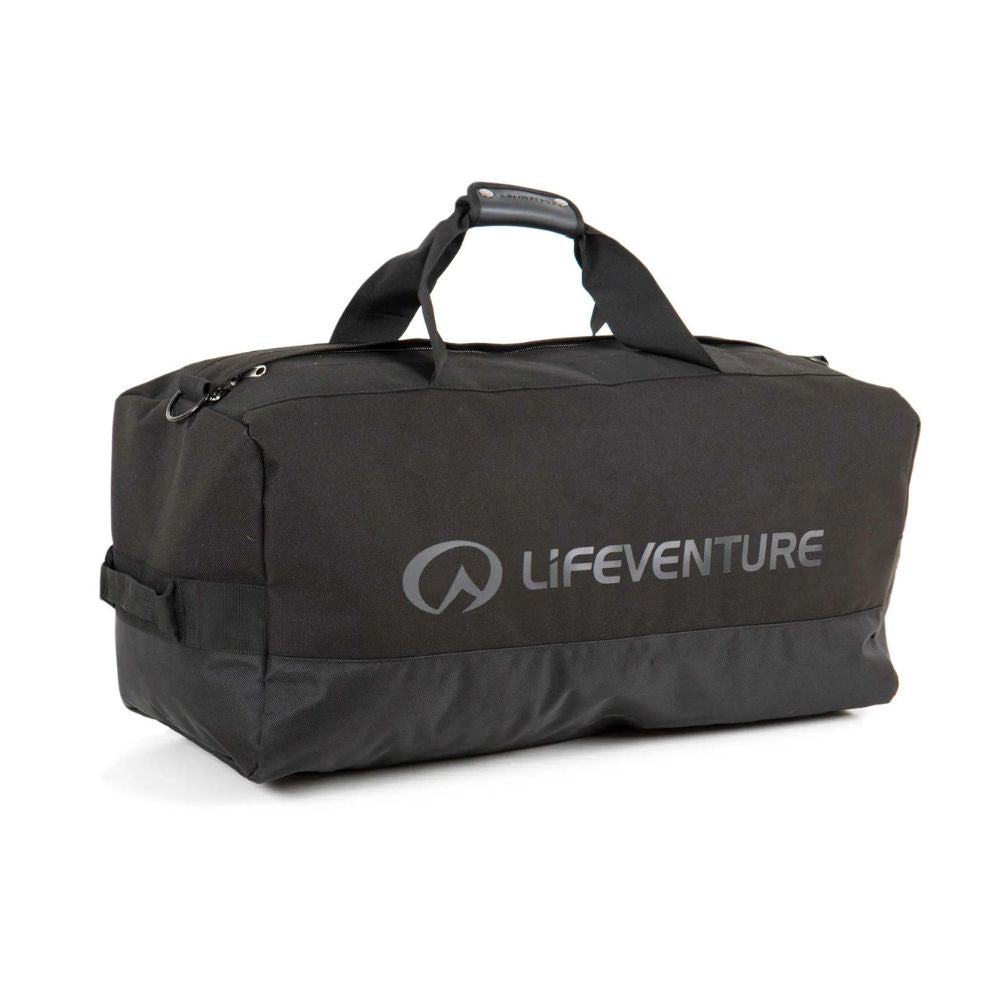 Black duffel bag with 'Lifeventure' logo on a white background