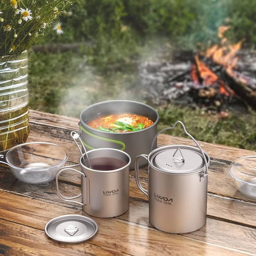 Lixada Lightweight Titanium 3-Piece Cooking Set on bench in the woods