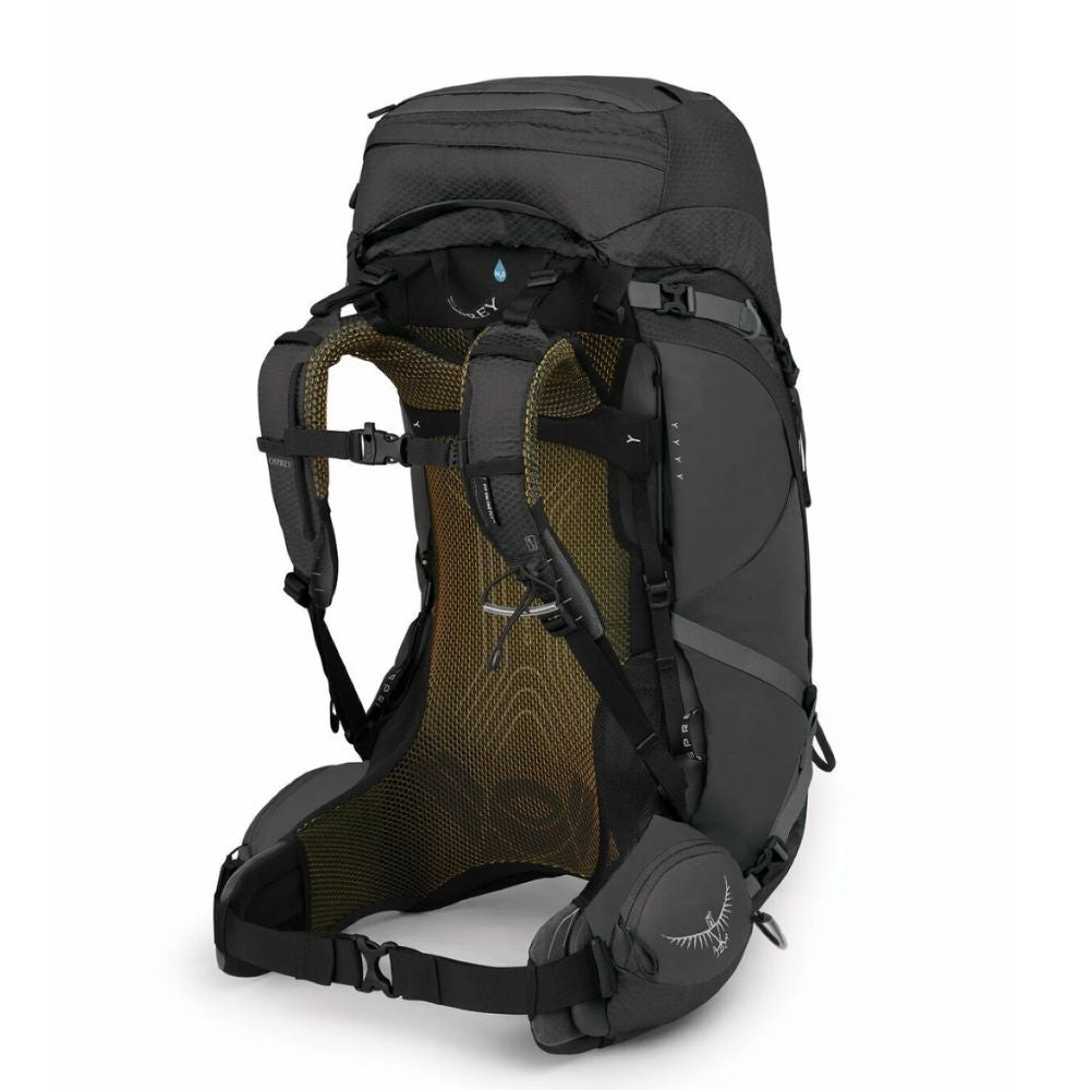 Black hiking backpack with Osprey logo on a white background