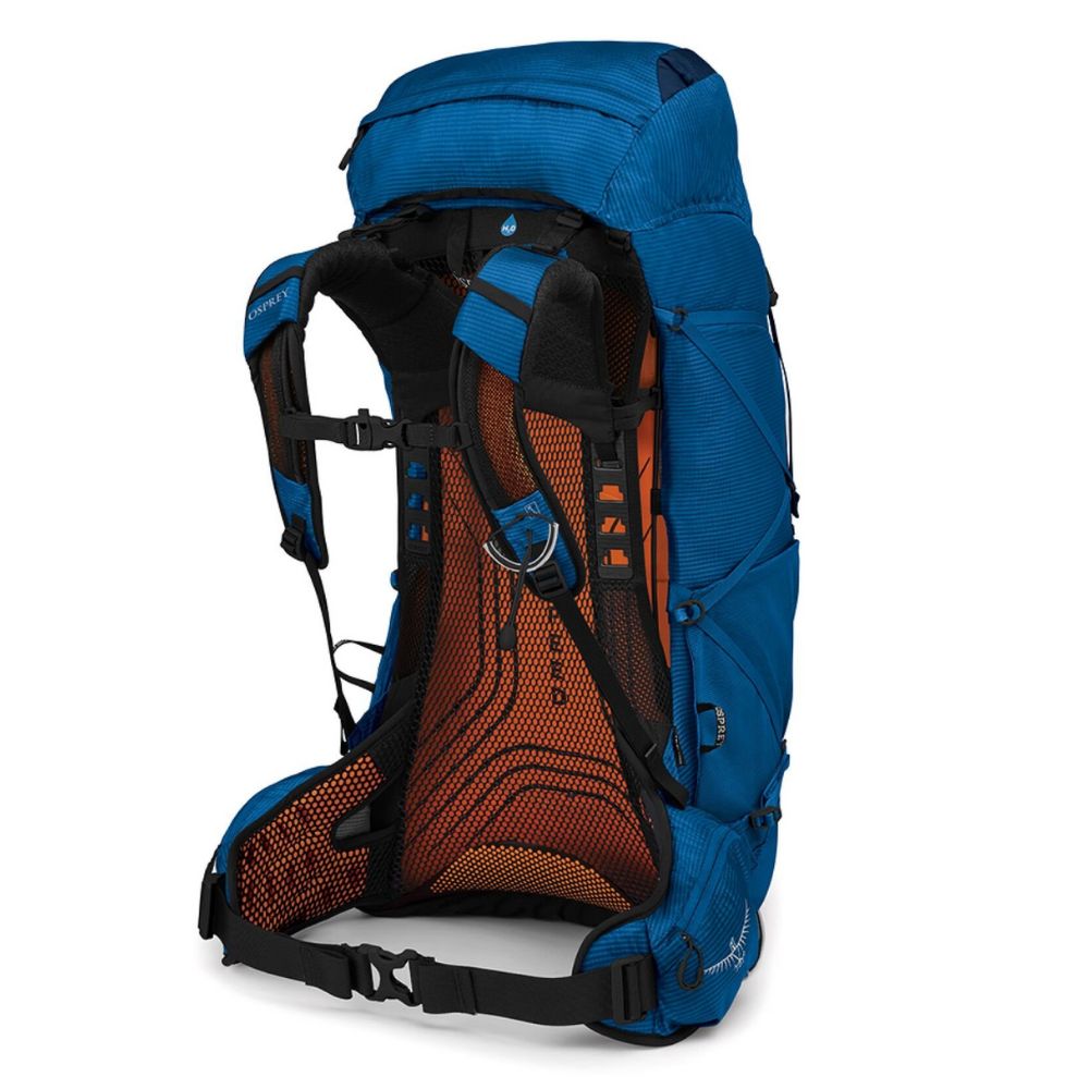 Blue and orange hiking backpack on a white background